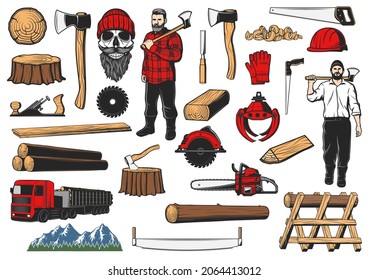 Woodworking, logging and forestry industry tools. Vector lumberjack skull, carpenter with ax, circular, hand and chain saw, truck with logs, wood chunk and tree stump, mountains logging machine claws