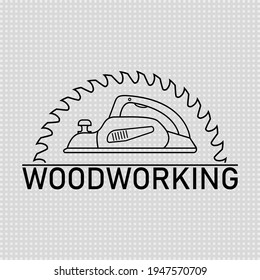 Woodworking logo. Electric planer with circular saw blade for wood. Line and outline isolated vector clipart and drawing on transparent background.