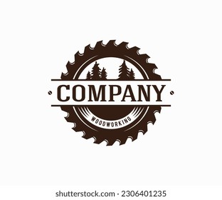 Woodworking logo with saw blade and tree line icon 
