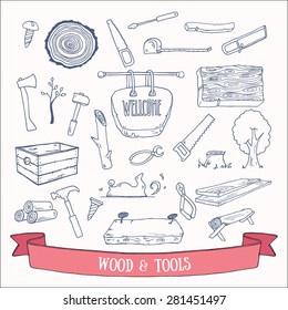 Woodworking, lumberjack and tools vector doodles. Hand drawn vector set.