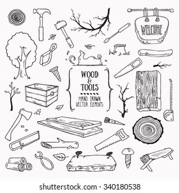 Woodworking, lumberjack, wood and tools symbols. Collection of hand drawn illustration in doodle style. Isolated vector.