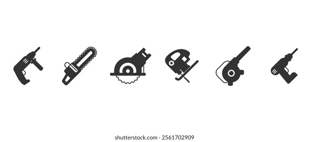 Woodworking machine flat icon set. Work tools icon set. Collection of repair and construction tools in flat style vector illustration on transparent background.