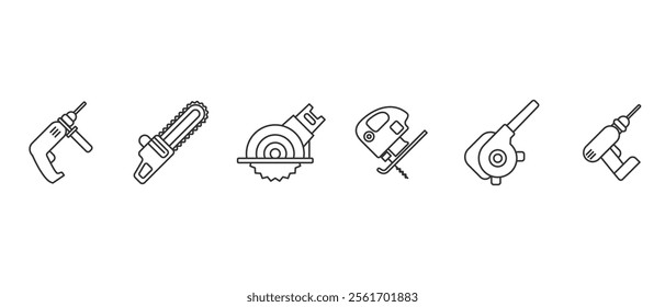 Woodworking machine icon. Work tools. A set of work tools. Collection of repair and construction tools in line style vector illustration on transparent background. Editable stroke.