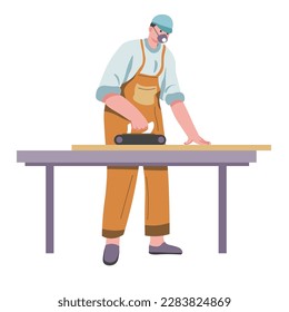 Woodworking making furniture or project from wood material. Isolated carpenter with small saw cutting plank in pieces. Man in uniform and mask at work, worker at construction site. Vector in flat 