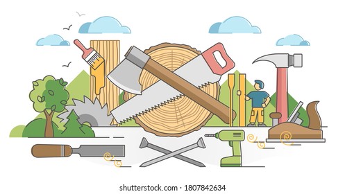 Woodworking process and carpentry craftsman occupation scene outline concept. Professional wood material instruments and equipment vector illustration. Planer, chisel and nails for making handicrafts.