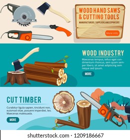 Woodworking production. Banners of wood pictures forestry pile trunks lumberjack cutting tools vector illustrations. Illustration of cut timber, wooden log and lumberjack woodworking