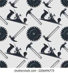 Woodworking seamless pattern with Jack plane, Circular Saw Blade, and Claw hammer. Vector illustration