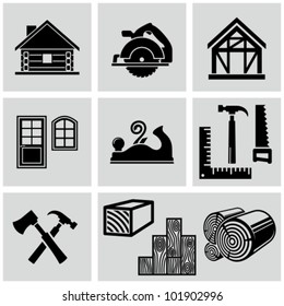 Woodworking and timber house construction related icons set.