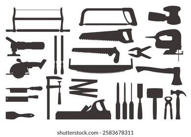 Woodworking tool black silhouette set. Stickers collection. Professional equipment for carpenter working. Axe and hammer. Logo, emblem or badge graphic design vector isolated illustration