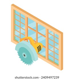 Woodworking tool icon isometric vector. Electric circular saw and large window. Cutting wood machine, repair work
