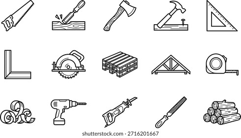 Holzbearbeitungswerkzeug-Ikonensatz, Tischlerei-Vektorsymbole, schwarz-weiße Bauelemente, Handwerkzeuge, Tischlerei, Hardware, Ausrüstung, DIY, Reparatur, Messung, Industrie, bearbeitbare Grafik, einzelne Illustrationen, Werkstattgrundlagen