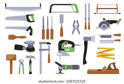 Woodworking tool set. Stickers collection. Electric saw. Plane and axe. Woodcutter professional equipment, carpenter working, construction instrument. Vector cartoon flat isolated illustration