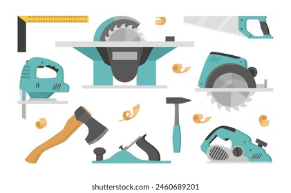 Woodworking tools. Cartoon wood industry equipment, timber axe, jigsaw and saw flat vector illustration set. Wood work tools collection