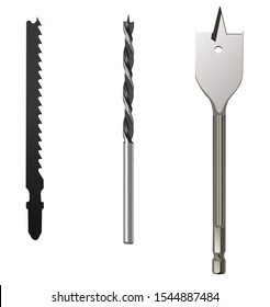 Woodworking tools: jigsaw saw, drill bit and wide pen drill.
Vector illustration. Isolated objects.