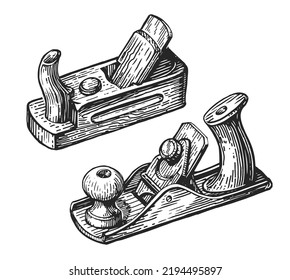 Woodworking tools. Joinery wooden planer, hand drawn sketch. Carpentry workshop concept. Vintage vector illustration