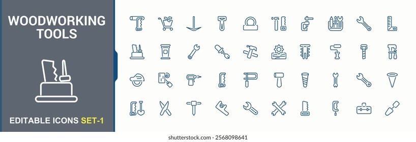 Woodworking Tools lined icons set. Includes thin line workshop, building, house, handyman, builder, hammer, axe and more. Minimalist icons for UI. Vector illustration in modern line style.