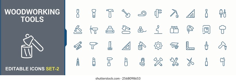 Woodworking Tools lined icons set. Includes thin line workshop, building, house, handyman, builder, hammer, axe and more. Minimalist icons for UI. Vector illustration in modern line style.