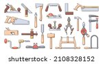 Woodworking tools outline colorful icon set. Vector illustration. Collection