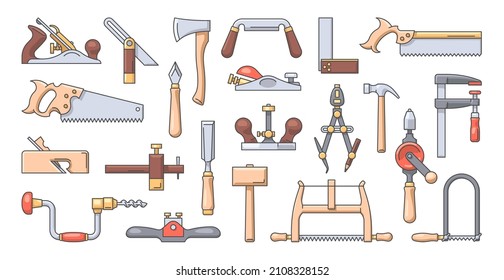 Woodworking tools outline colorful icon set. Vector illustration. Collection