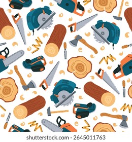 Woodworking tools seamless pattern. Carpentry equipment. Saw and axe. Industrial hammer. Repeated print. Chisel and chainsaw. Carpenter planer. Forestry instrument