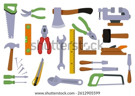 Woodworking tools set in flat graphic design. Collection isolated elements with saw, pruning shears, axe, pliers, level, wrench, ruler, angle, hammer, plane, screwdriver, other. Vector illustration.