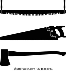 Holzbearbeitungswerkzeuge. Splitting Axt und Kreuzschnitt Säge. Silhouette-Vektorgrafik