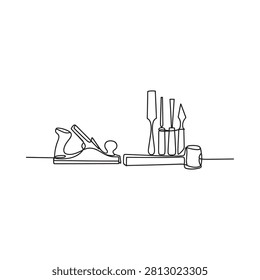 Woodworking tools and supplies continuous line drawing on white background