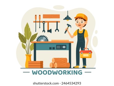 Woodworking Vector Illustration featuring Modern Craftsmen and Workers Producing Furniture Using Tools, Presented in a Flat Cartoon Style Background