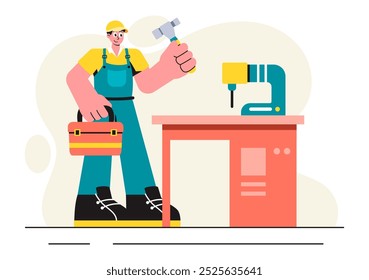Woodworking Vector Illustration featuring Modern Craftsmen and Workers Producing Furniture Using Tools in a Flat Cartoon Style Background