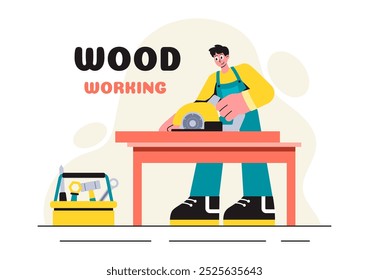 Woodworking Vector Illustration featuring Modern Craftsmen and Workers Producing Furniture Using Tools in a Flat Cartoon Style Background
