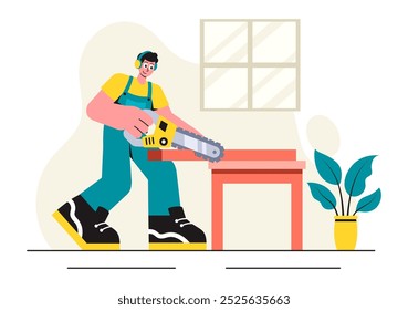 Woodworking Vector Illustration featuring Modern Craftsmen and Workers Producing Furniture Using Tools in a Flat Cartoon Style Background