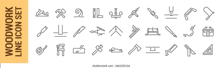 Woodworking vector isolated line icon set. Carpenter tools. Collection