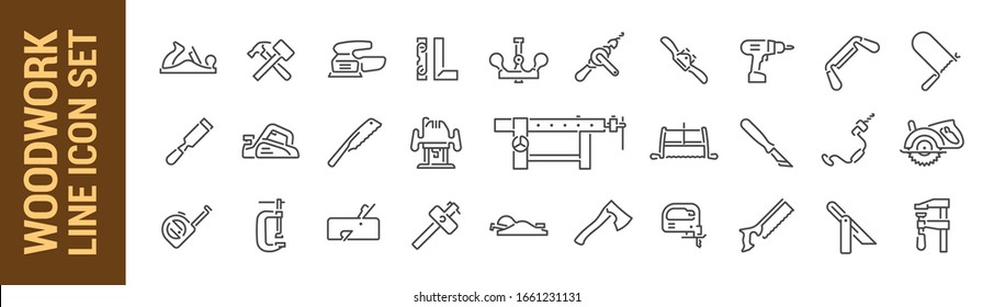 Woodworking Vector Isolated Line Icon Set. Carpenter Tools. Collection