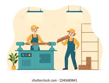 Woodworking with Wood Cutting by Modern Craftsman and Worker using Tools Set in Flat Cartoon Hand Drawn Template Illustration