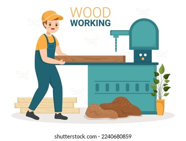 Woodworking with Wood Cutting by Modern Craftsman and Worker using Tools Set in Flat Cartoon Hand Drawn Template Illustration