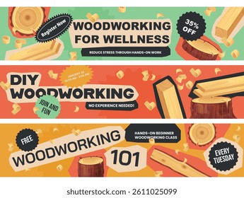 Woodworking workshop banners promoting various classes and events for skill development and wellness