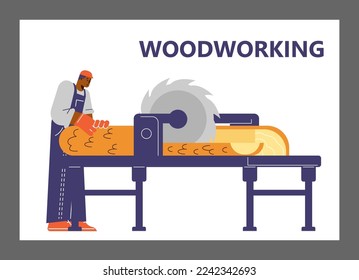 Woodworking workshop service banner or poster mockup, flat vector illustration isolated on white background. Woodwork, carpentry and sawmill services banner or emblem.