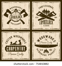 Woodworks and carpentry four colored emblems or shirt prints on background with grunge textures and frame vector illustration