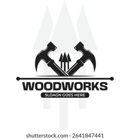Woodworks Logo with Saw Blade, Axe, and Hammer Icons