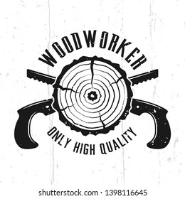 Woodworks monochrome vector emblem, badge, label or logo in vintage style with crossed hand saws isolated on background with removable textures