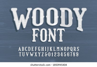 Woody alphabet font. Vintage textured letters and numbers. Wooden background. Vector typescript for your typography design.