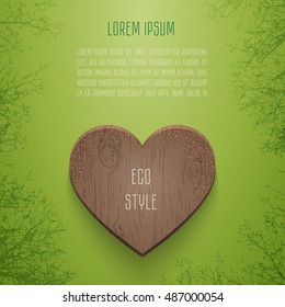 Woody heart between trees on green background. Vector illustration card for eco design.