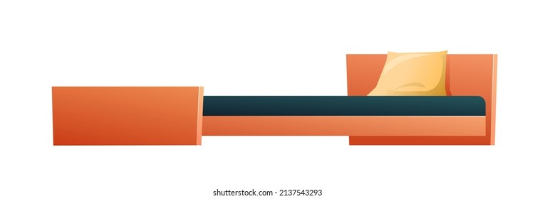 Woody modern bed with mattress and pillow. Side view. Cool design. Cartoon style. Object isolated on white background. Vector.