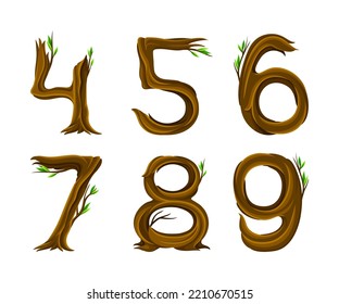 Woody Number Arranged from Branching Tree Stem and Green Leaves Vector Set