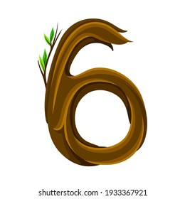 Woody Number Six Arranged from Branching Tree Stem and Green Leaves Vector Illustration