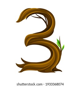 Woody Number Three Arranged from Branching Tree Stem and Green Leaves Vector Illustration