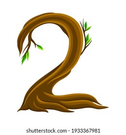 Woody Number Two Arranged from Branching Tree Stem and Green Leaves Vector Illustration