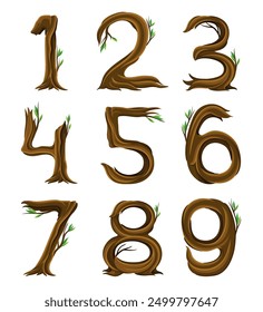 Woody Numbers Arranged from Branching Tree Stem and Green Leaves Vector Set