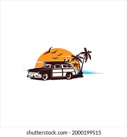 Woody surf wagon beach trip illustration vector Images logo design inspiration