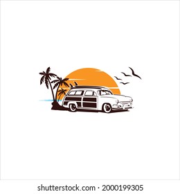 Woody surf wagon sunset illustration Wagon vector Images logo design inspiration